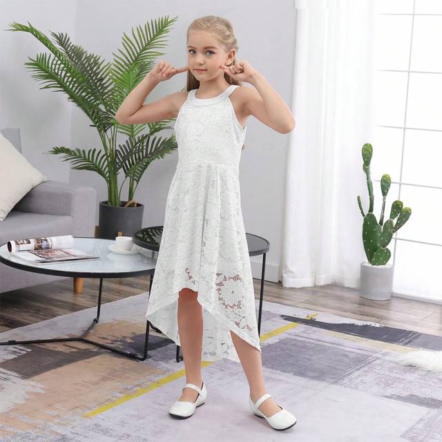 SHEIN GORLYA Tween Girl Elegant Floral Lace High-Low Party Dress With Halter Neckline, Suitable For Weddings, Bridesmaid, Flower Girls, Performances And Par