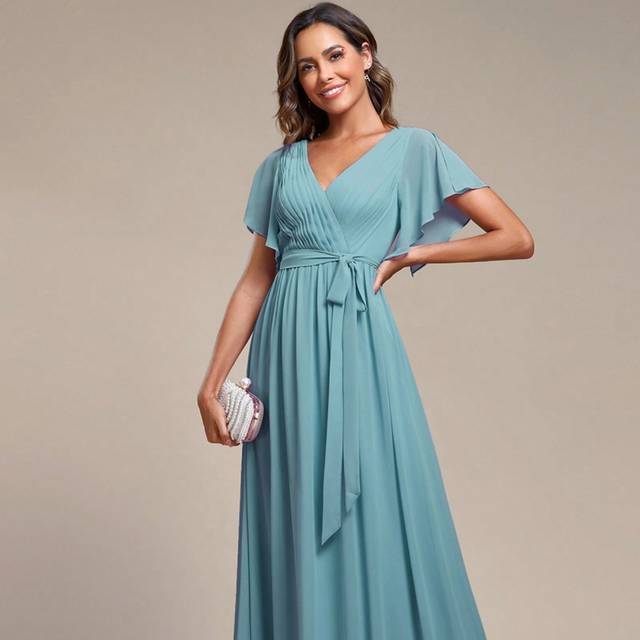 EVER-PRETTY Butterfly Sleeve Tie Back V-Neck Chiffon Blue Bridesmaid Dress For Women Wedding Guest Dress For Wedding