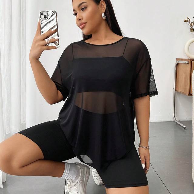 Flirla Plus Size Women&#39;s Black Round Neck Mesh See-Through Top With Dolman Sleeves, Summer