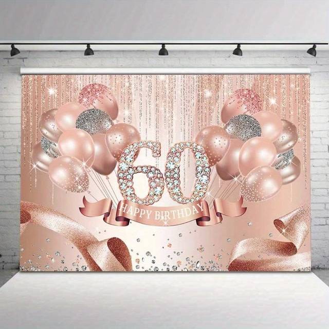 SHEIN 1pc,Rose Golden Happy 60th Birthday Backdrop Decorations For Women Pink Glitter Ribbon Balloons Dots Photography Background Shining Rhinestone Sixty Y
