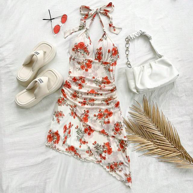 Soleia Women&#39;s Vacation Style Apricot Base Orange Floral Print Mesh Fabric Halter Asymmetrical Hem V-Neck Music Festival, Wedding, Graduation, Beach, Western