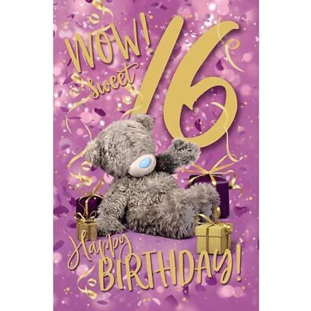 Bear surrounded by gifts 16th birthday card