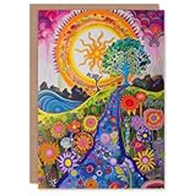 Bright colourful hippy artwork flowers sun trees greeting card birthday him her