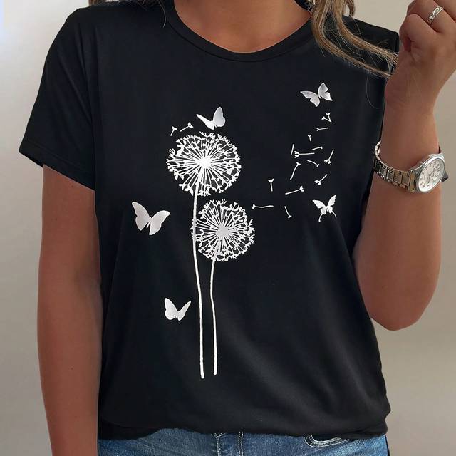 EMERY ROSE Plus Size Dandelion & Butterfly Print Short Sleeve T-Shirt, Casual Style For Summer Graphic Tees Women Tops