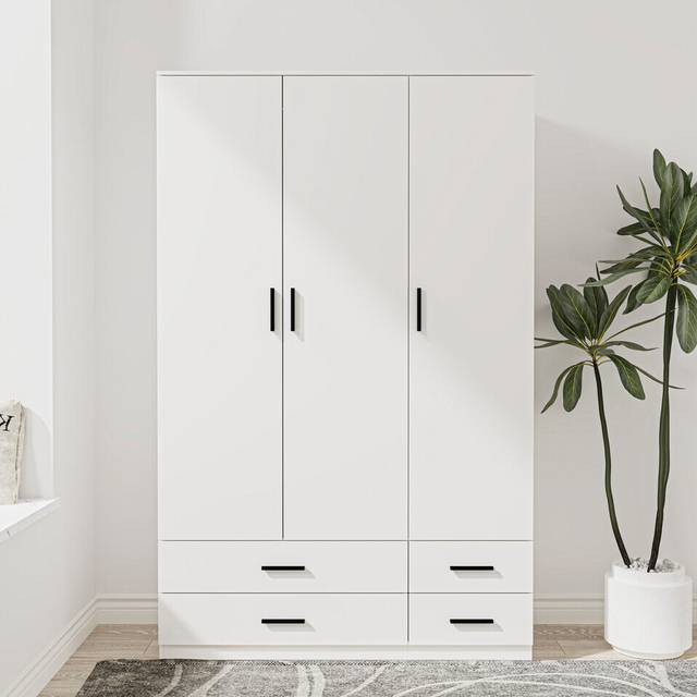 (White) 3 Door 4 Drawer Wardrobe Storage Shelf Hanging Bedroom Modern Furniture