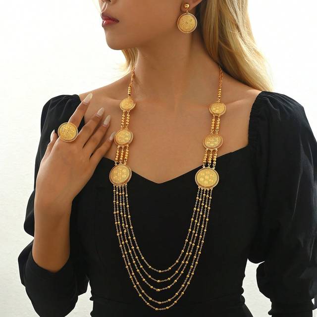 SHEIN 4pcs Set Luxurious Vintage Tassel Earrings & Necklace Jewelry Set For Women, Bridal, Party, Wedding