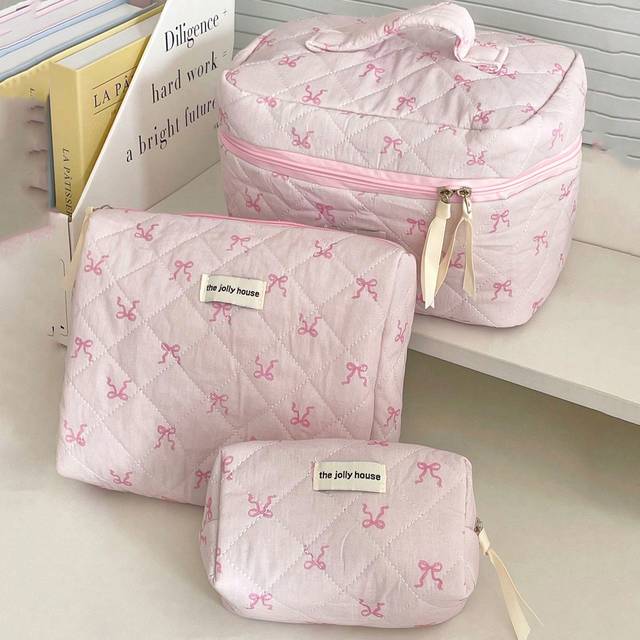 SHEIN 1pc/Set Flower And Bowknit Print Balletcore Travel Cosmetic Bag Large Capacity Cosmetic Bag,Makeup Bag Makeup Pouch Skincare Bag Toiletry Bag Packing