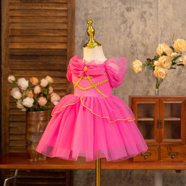 SHEIN Baby Girl Jasmine Princess Birthday Party Wedding Festival Dress, Pink Shiny Polka Dot Dress, With Gems, Suitable For Stage,  Style, Summer, Lightweig