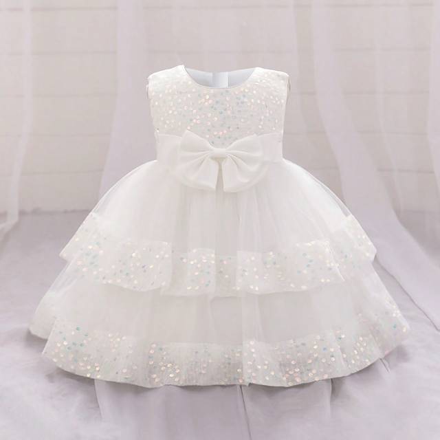 SHEIN Baby Girls Solid Color Sequined Mesh Bow Decor Ruffled Cake Tutu Dress, Sleeveless Cute Flower Girl Formal Dress, Suitable For Outdoor Party, Excludin