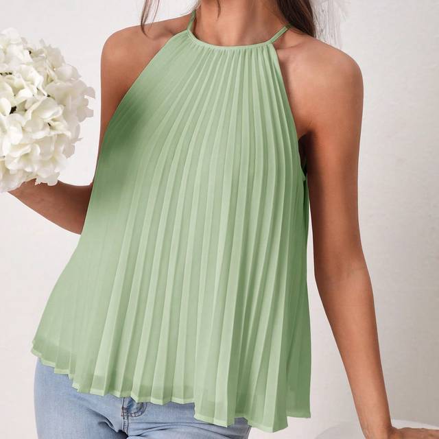 SHEIN Women Casual Solid Color Pleated Halter Neck Blouse For Vacation