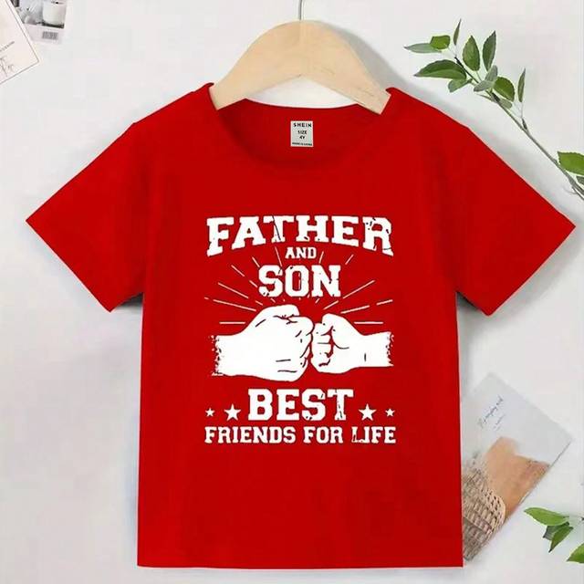 SHEIN Young Boy Casual Fist Bump & Fist Fight Patterned Letter Printed Round Neck Short Sleeve T-Shirt