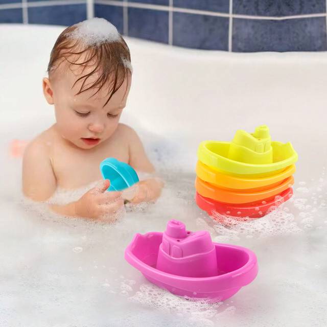 SHEIN 6pcs/Set Colorful Stacking Rainbow Ship & Cup Bath Toys, Educational Puzzle Toys For Baby Bathtub Play