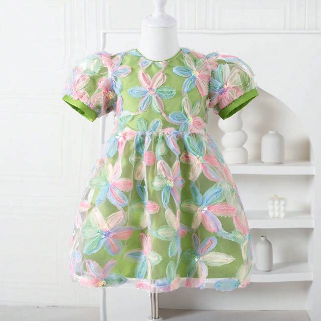 SHEIN Wedding Ceremony Flower Girl Dress For Girls (Toddler/Little Kid), Princess Party Net Yarn Floral Gown With Cute Puff Sleeves