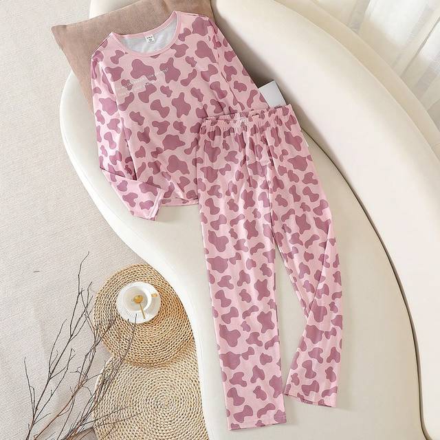 SHEIN Girls Pajamas, Teens&#39; Minimalist Leopard Print Long Sleeve Top And Pants 2pcs Sleepwear Set