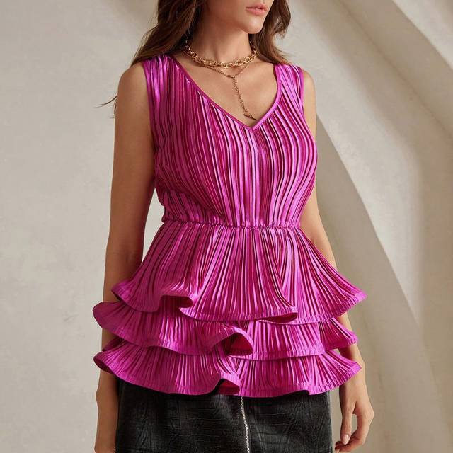 Anewsta Women&#39;s Multi-Layer Ruffle V-Neck Sleeveless Blouse, Rose Red