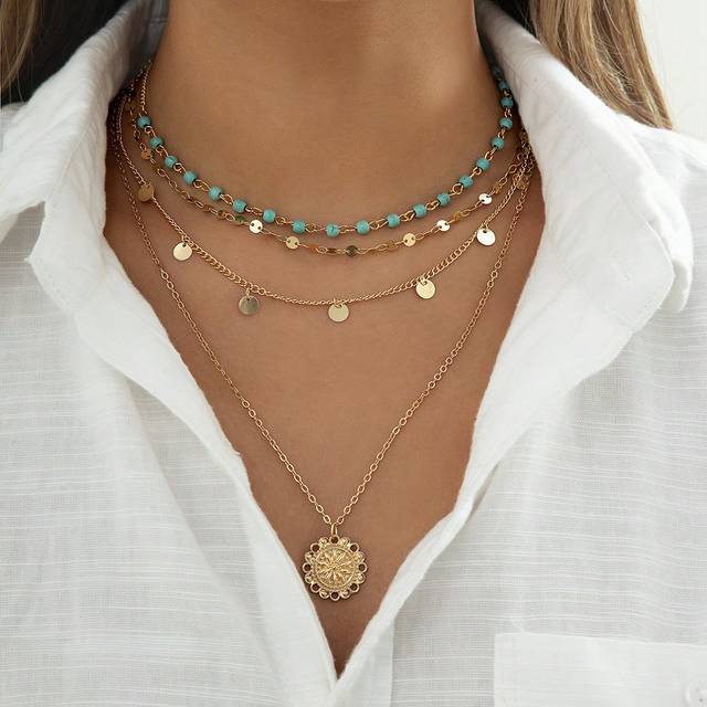 HOTNICE 4 Pieces Of Women&#39;s Gold Layered Necklace, Summer Bohemian Layered Stacked Pendant Necklace, Country Concert Necklace, Turquoise Coin Girl Long Neckla