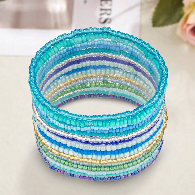 SHEIN 16pcs Women&#39;s Bohemian Style Glass Beads Mix-And-Match Fresh Blue Stacking Bracelets