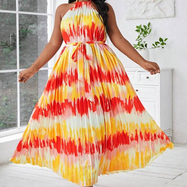 SHEIN Plus Size Floral Printed Chiffon Splicing Pleated Dress, Women&#39;s Sleeveless Halter Neck Backless Vacation Evening Beach Party Dress, Summer