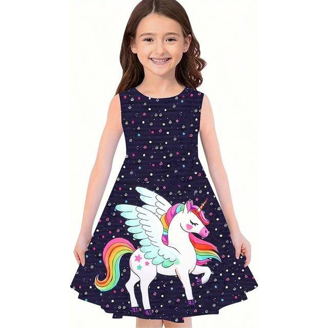 SHEIN Young Girl Unicorn Print Sleeveless Dress Loose Fit And Comfortable Round Neck Summer Dress Kids Clothes
