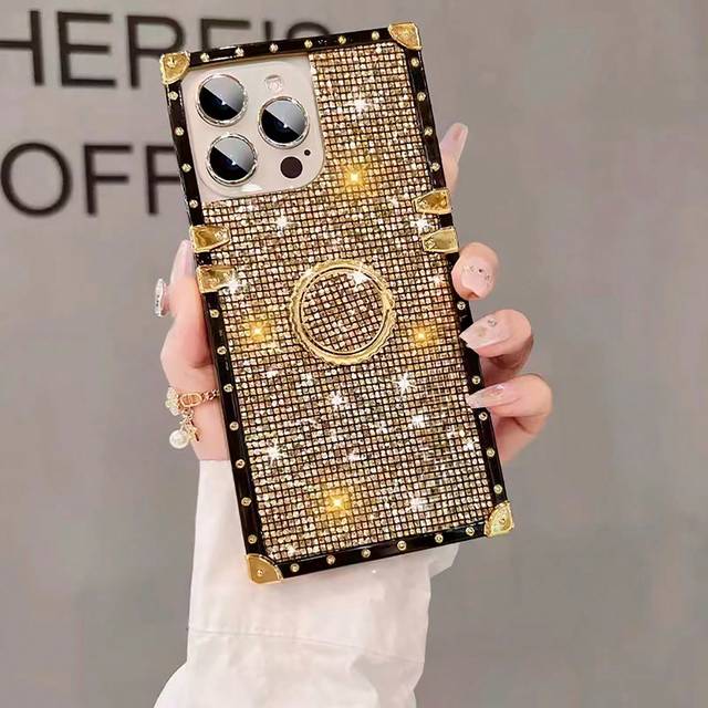 SHEIN 1pc Shiny Gold Glitter Pattern Rectangle Branded Shockproof Phone Case With Ring Holder Stand, Compatible With IPhone 17 Pro Max/17 Air/16/16PLUS/16PR