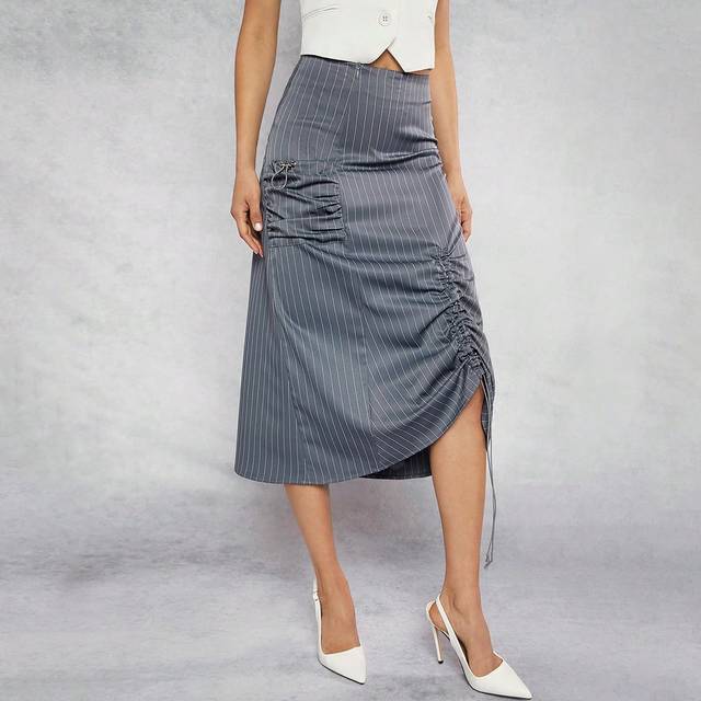Hauture Ruched Maxi High-Waisted Pinstripe Cargo Skirt