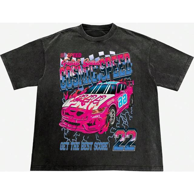ROMWE MEN Men Racing Car Print Washed Short Sleeve Football Jersey Style T-Shirt, Vintage High Street Style For Summer, School
