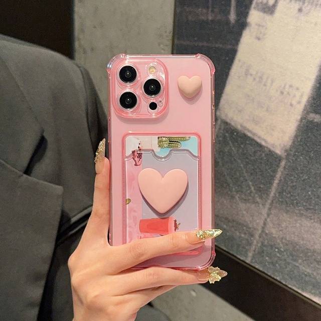 SHEIN Push-Pull Transparent Dual Heart Decor Sticker Frame Card Holder Apple Phone Case