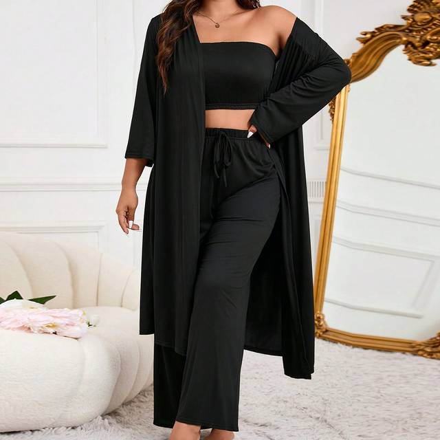 SHEIN 3pcs Soft And Skin-Friendly Plus-Size Plain Pajama Set With Camisole Top And Wide-Leg Pants