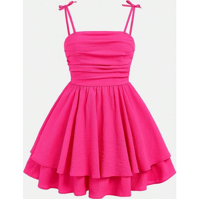 SHEIN Teen Girl Woven Solid Color Bubble Crinkled Double Layered Dress Hem Suspense Cami Dress