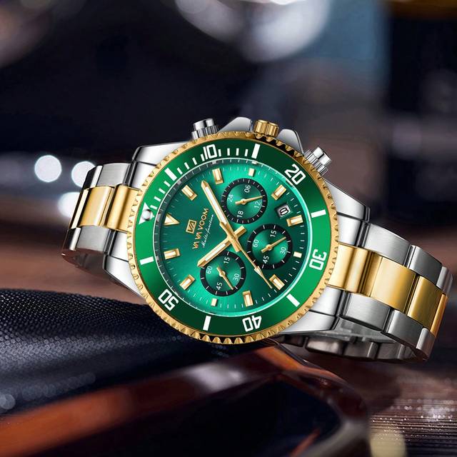 VA VA VOOM Multifunctional Men&#39;s Watch Black Gradual Gold Luxury Calendar Timing Fashion Nightglow Stainless Steel Quartz Men&#39;s Travel Outdoor Watch,As A Father&#39;