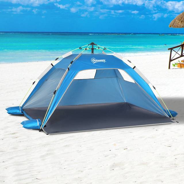 SHEIN Outsunny 2 Man Pop-Up Tent Beach Tent Sun Shelter W/ Windows Doors Hook Sandbags UV Protection Waterproof Outdoor Adventure Garden