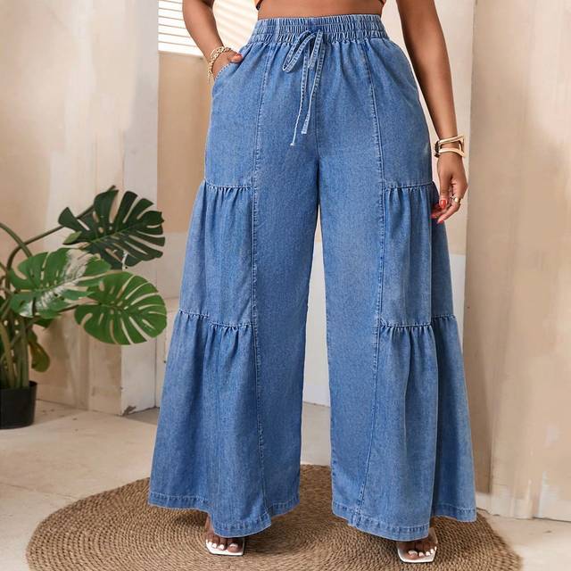 SHEIN Plus Size Women&#39;s Casual Wide Leg Boyfriend Jeans, For Summer, High Waist Elastic Waistband Blue Jeans, Perfect For Country Music Concert