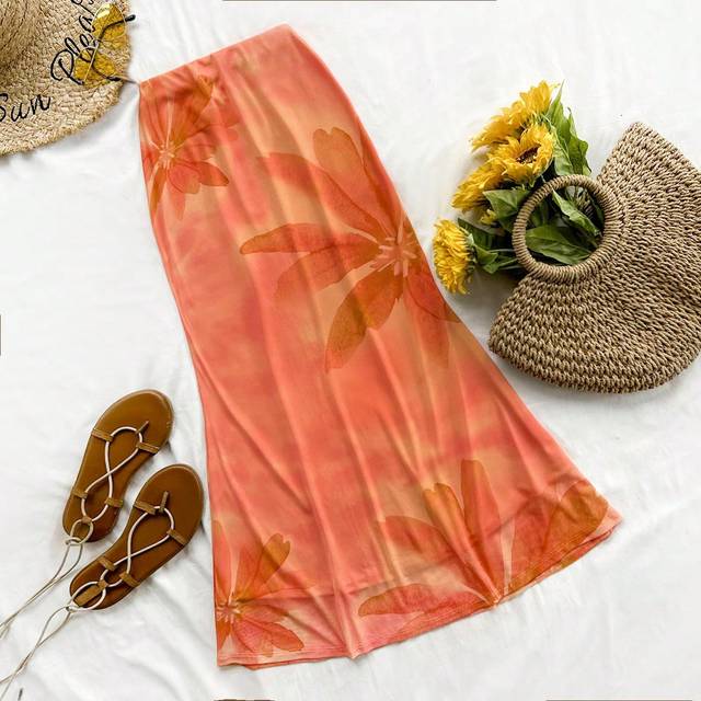 Soleia Women Vacation Orange &#34;Back To School&#34; Vintage Oversized Floral Net Print Long Fitted Mermaid Hem Bodycon Skirt