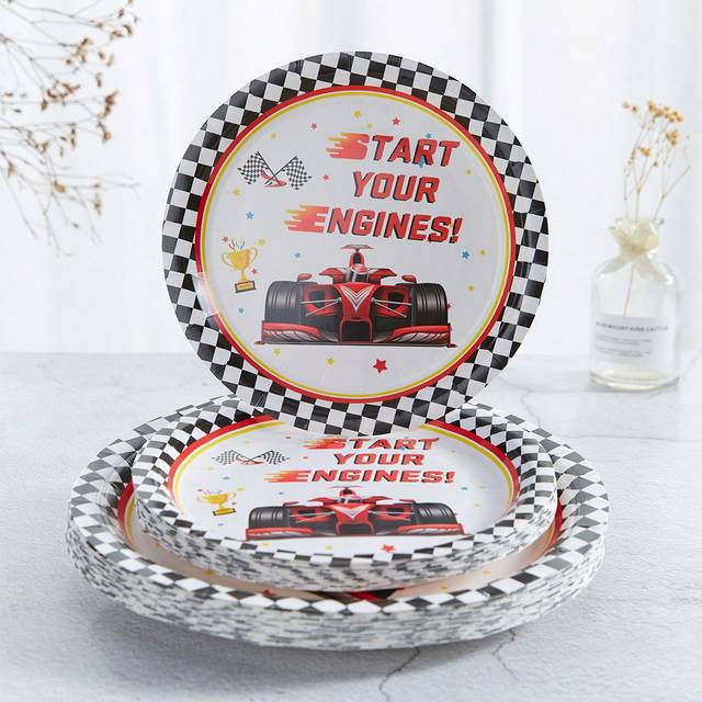 SHEIN 10pcs Racing Themed Disposable Dinner Plates, 7/9 Inch Party Tableware Set, Racecar Decor Disposable Paper Plates, Racing Decor & Checkered Birthday P