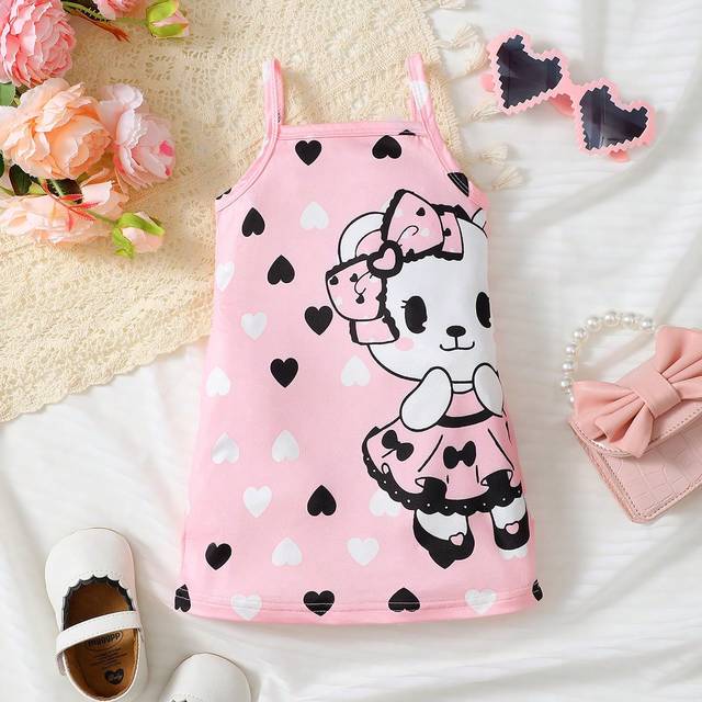SHEIN Newborn Baby Girls&#39; Heart Printed Bear Pattern Simple Casual Romper Bodysuit With Straps