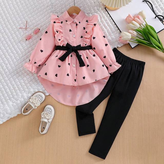 SHEIN Young Girl Spring And Autumn New Fashion Chic Belted Top And Leggings Set, 2pcs