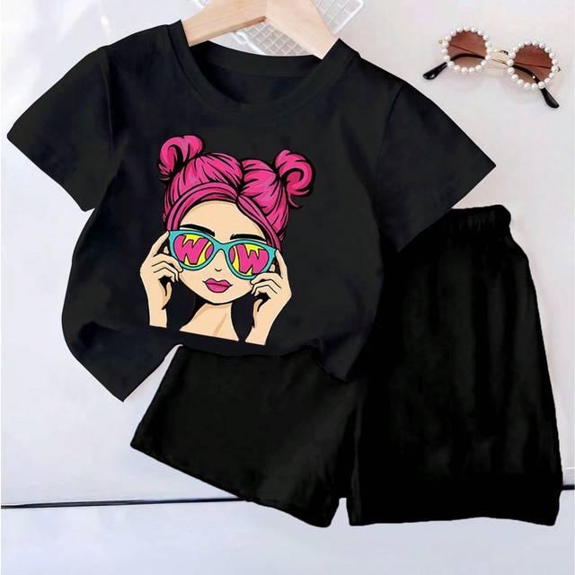 SHEIN 2pcs Baby Girls&#39; Casual And Cute Short Sleeve T-Shirt And Shorts Set With Printed Patterns, Summer