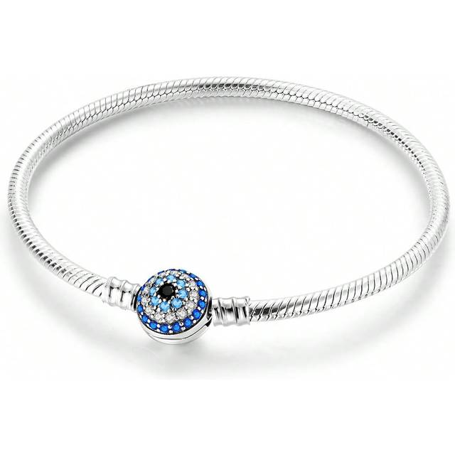 SHEIN 1pc Silver-Plated Shiny Blue & White Cubic Zirconia Evil Eye Charm Basic Soft Bangle Snake Bone Bracelet