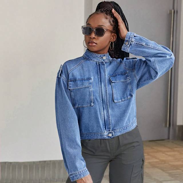 SHEIN Teen Girls&#39; Asymmetrical Stand Collar Denim Jacket, Vintage Washed Loose Fit Fashionable  Coat, All-Match