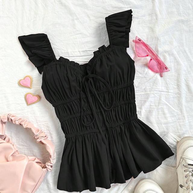 Soleia Cap Sleeve Solid Color Ribbon Tie Wrapping Ruffle Edge Summer Blouse