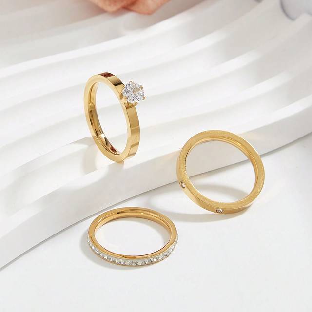 SHEIN 3pcs 18K Gold Plated Gorgeous Style Stainless Steel Cubic Zirconia Rings Ladies Jewelry Wedding Party Social Gatherings Dating Gift