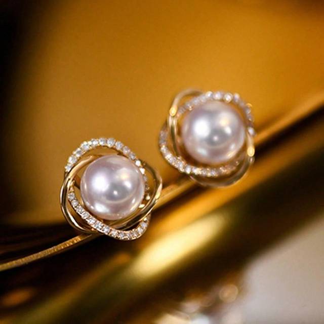 SHEIN 925 Sterling Silver 14K Gold Plated Earrings Ear Studs With Micro-Inlaid Pearl, Wedding Bridal Gift Ear Accessories