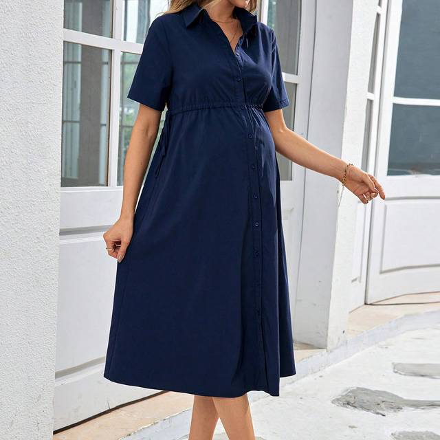 SHEIN Maternity Elegant Commuting Turn-Down Collar Short Sleeve Bodycon Dress