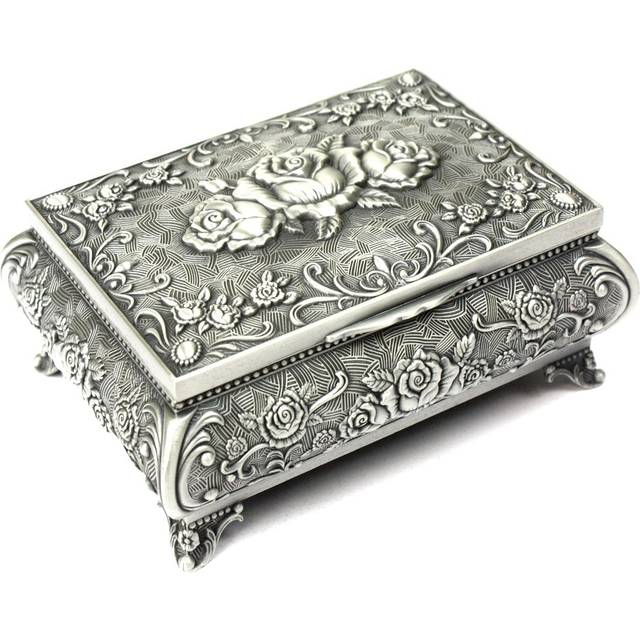 H&S Silver antik smyckeskrin – retrolåda för halsband och ringar – vintage smyckeskrin med gravyr och mjuk sammet inre foder – metallsmyckeskrin gamla – antik dekorationsdesign