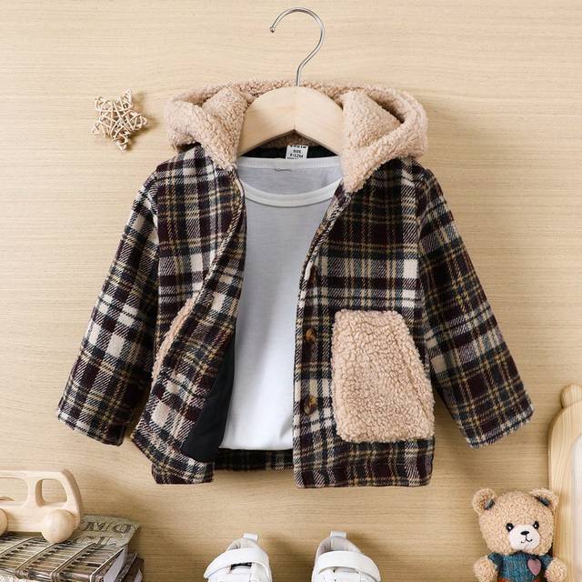 SHEIN Baby Boy Plaid Print Contrast Teddy Hooded Coat Without Tee