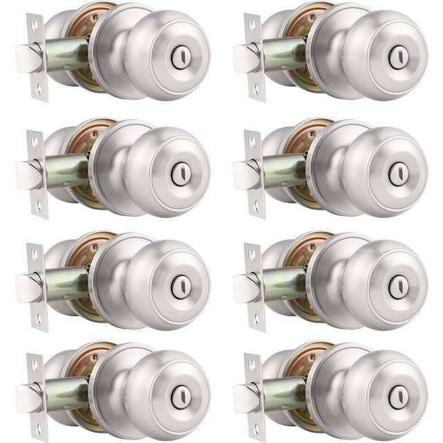 Probrico 8 Pack Interior Privacy Door Knobs Keyless Door Lock Lockset Round Doorknobs in Satin Nickel Door Locks for Bedrooms and Bathrooms Adjustable