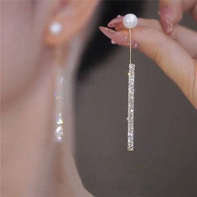 SHEIN Long Tassel Pearl Dangle Earrings Crystal Bow Earrings Luxury Full Rhinestone Gold Drop Earrings Wedding Party Jewelry Gift For Women
