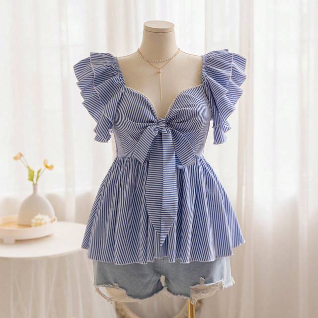Soleia Plus Size Women&#39;s Bow Tie Ruffled Sleeve A-Line Striped Casual Blouse