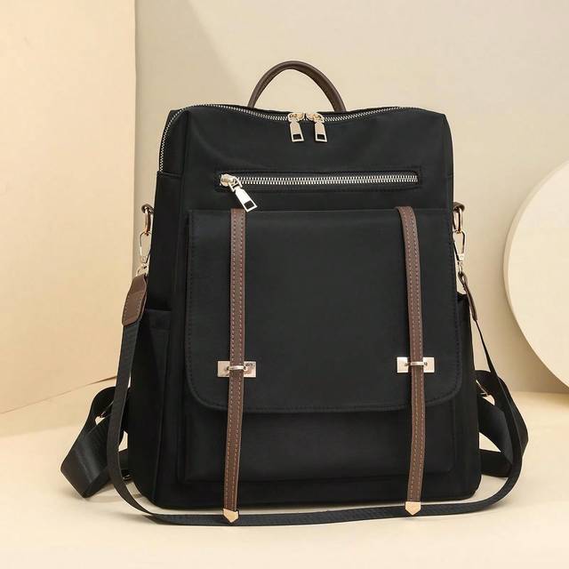 SHEIN ZMBAG Women&#39;s Fashionable Square Nylon Backpack With Flap Cover, Large Capacity College Style Student Backpack