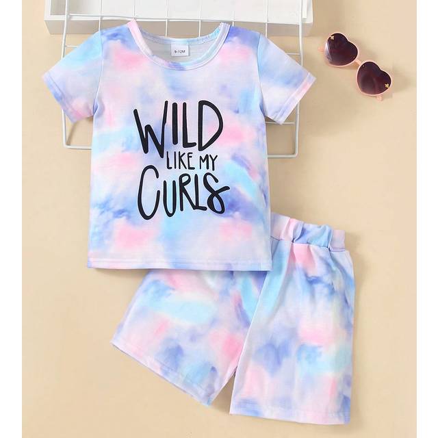 SHEIN Baby Girl Summer Tie-Dye Letter Print Round Neck Short Sleeve T-Shirt And Shorts Set